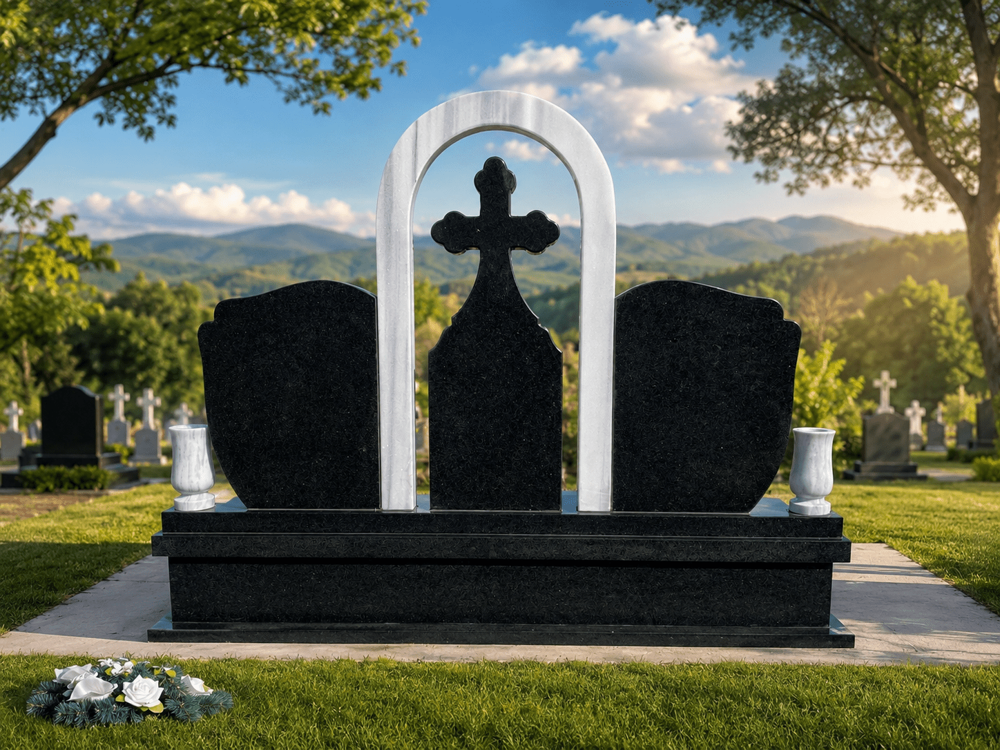Read more about the article Monument funerar triplu din granit negru absolut cu cupolă din marmură albă – realizat în Arad